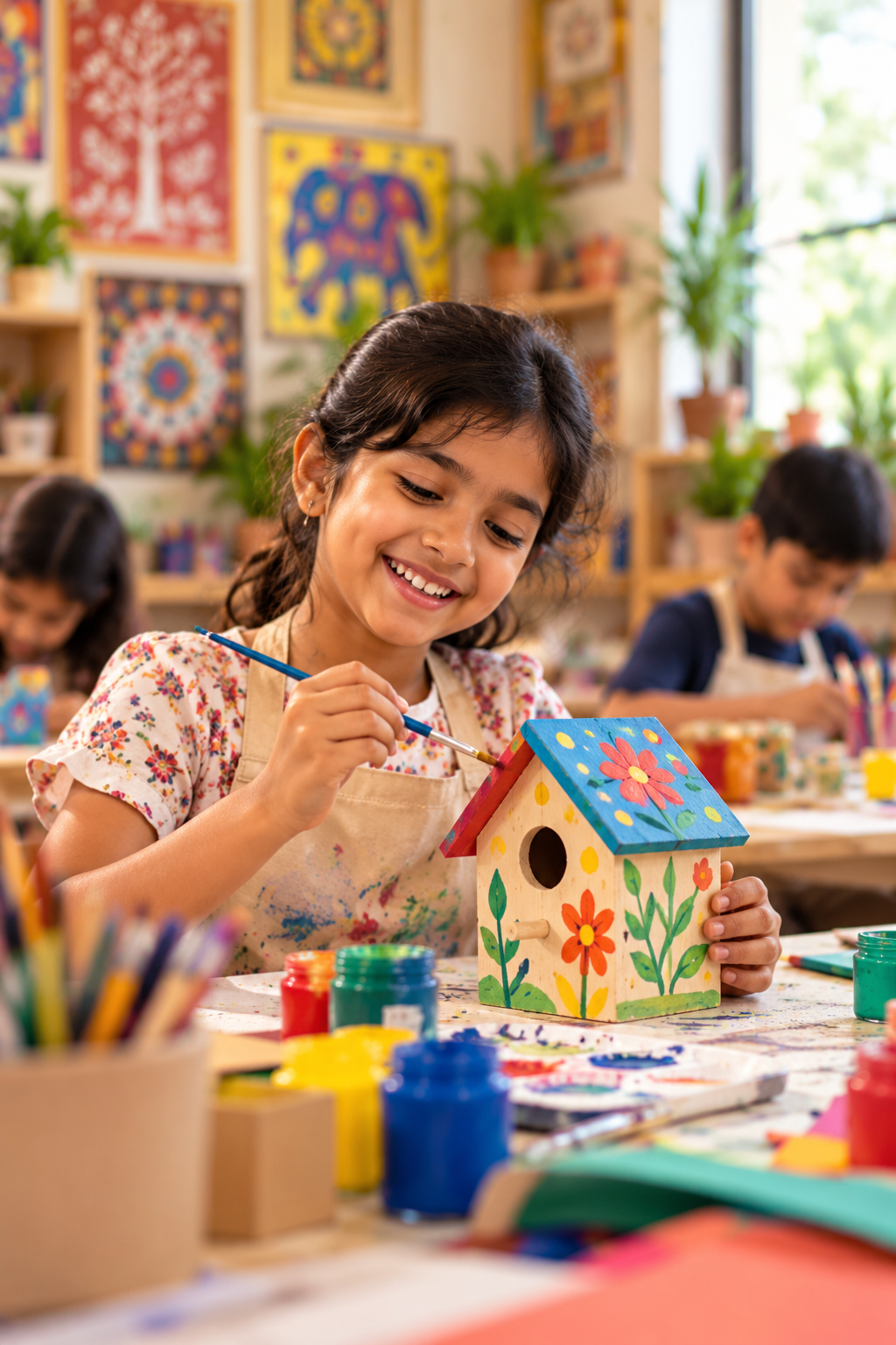 A child painting a colourful handmade birdhouse during an art workshop