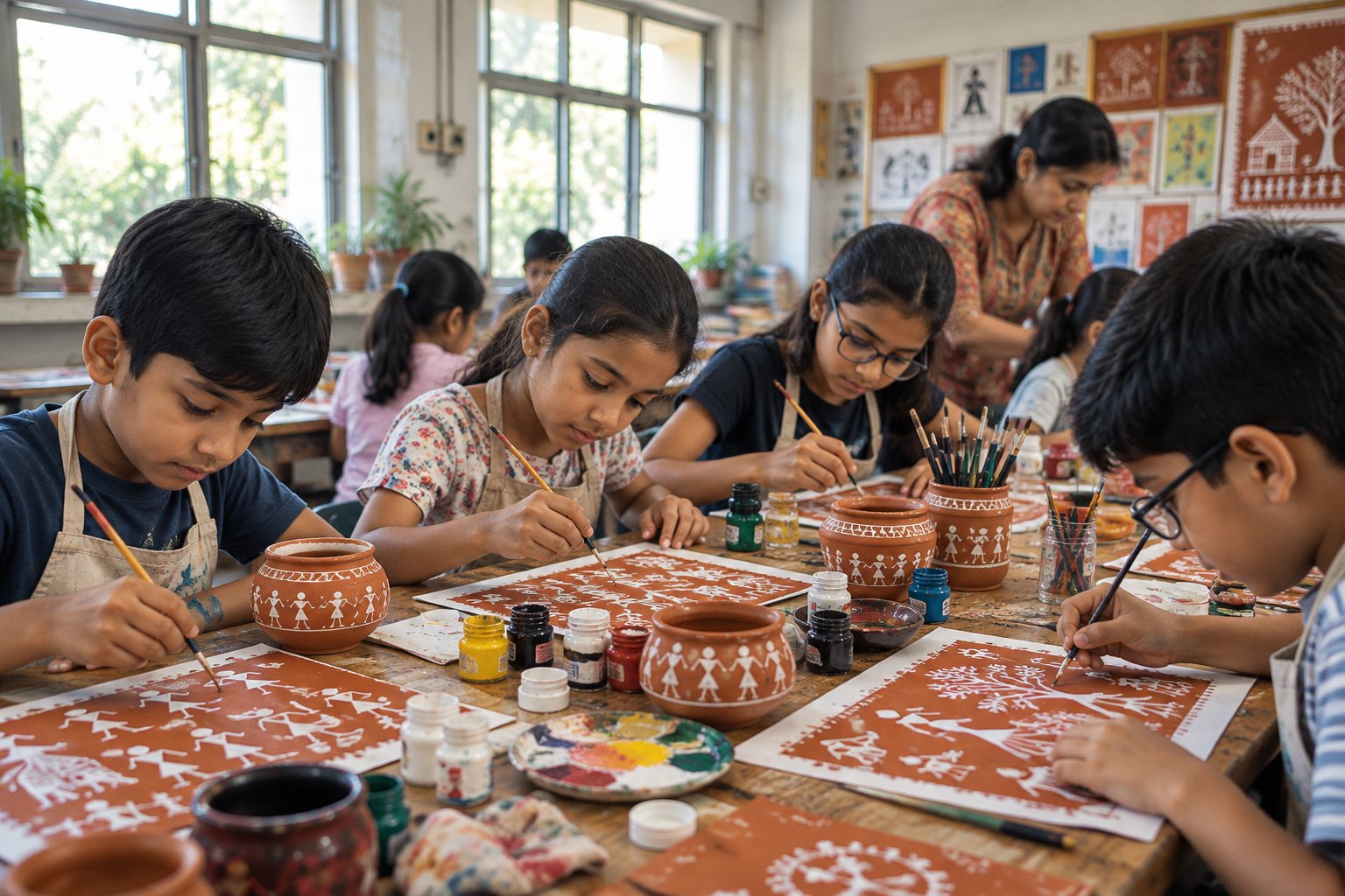 Children and a facilitator creating art together in a colourful workshop
