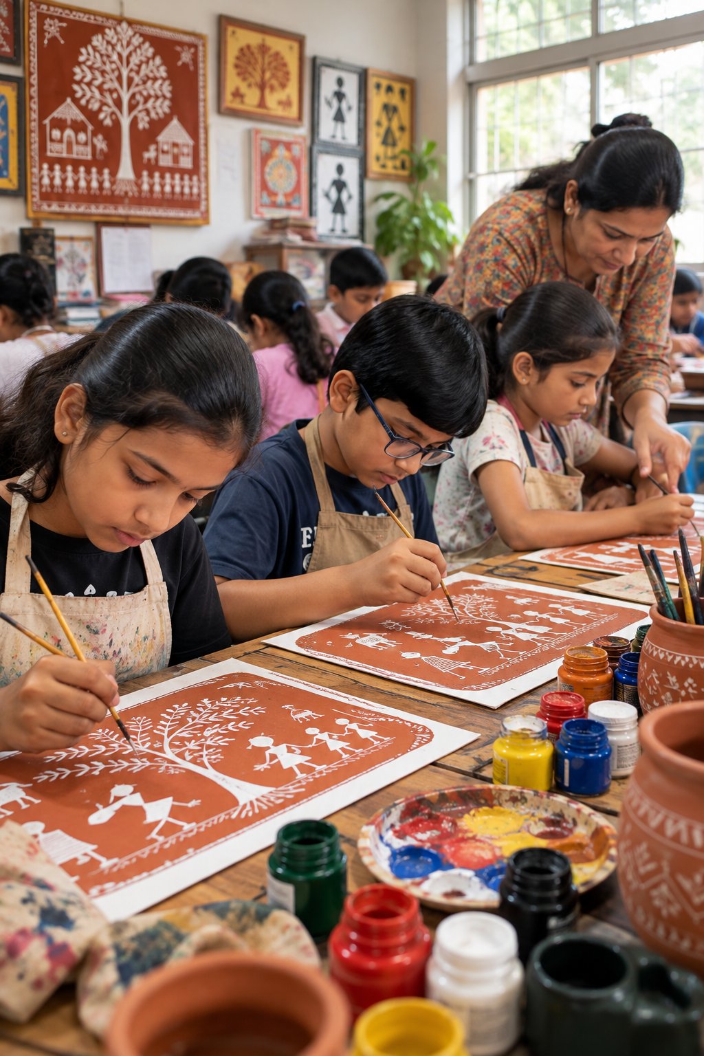 Children creating Warli-inspired art together in a sunlit classroom