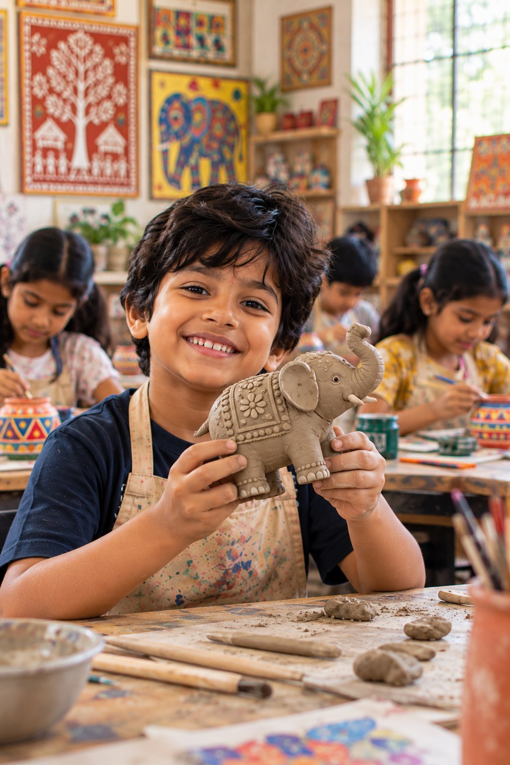 A young child proudly holding a clay elephant made during a workshop
