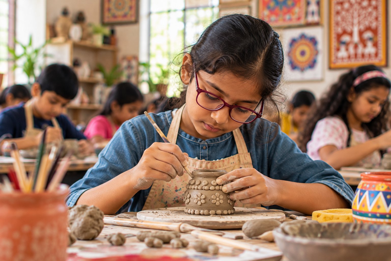 A child hand-building a small clay vessel during a workshop