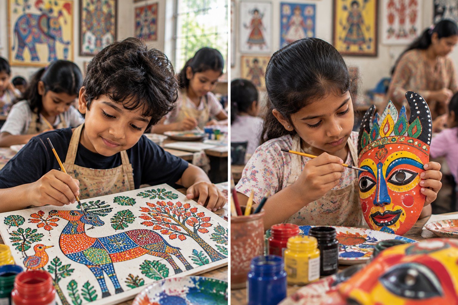 A child painting a Gond-inspired animal artwork and another decorating a colourful character mask